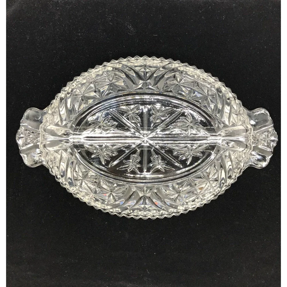 Vintage Clear Pressed Glass Divided Relish Dish Starburst Oval Serving‎ Tray 10